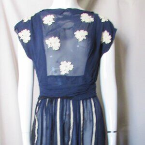 Vintage 1940 Style Short Skirt Dress Navy Chiffon Scattered Flower Appliques